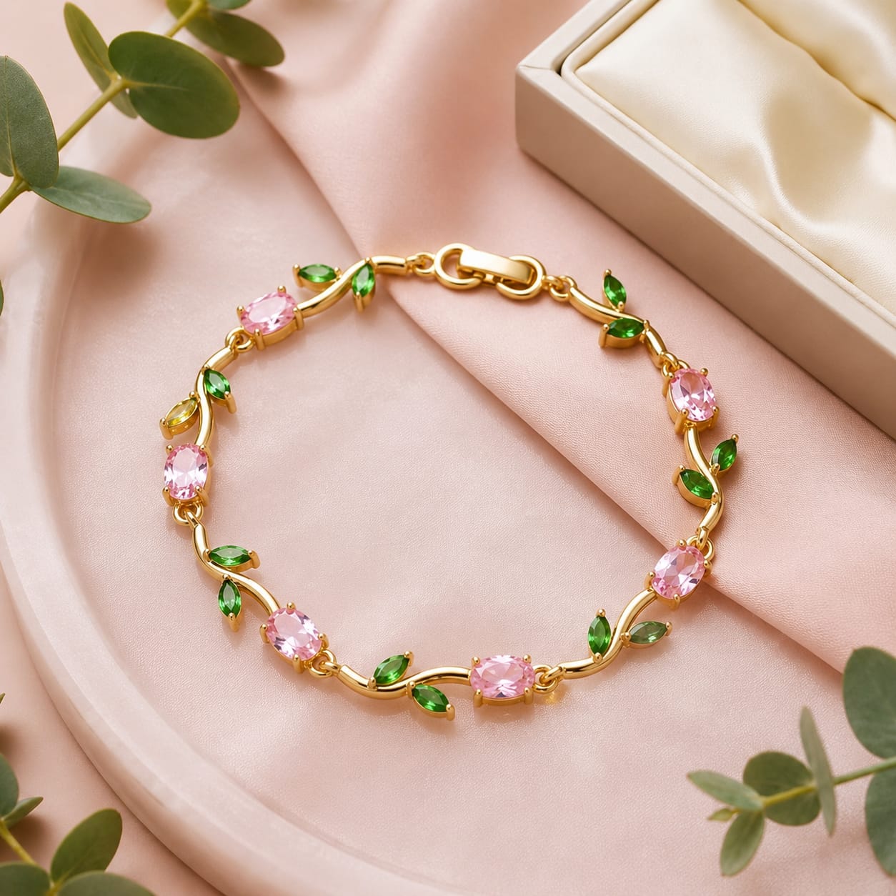 Elegant Pink Crystal Floral Bracelet